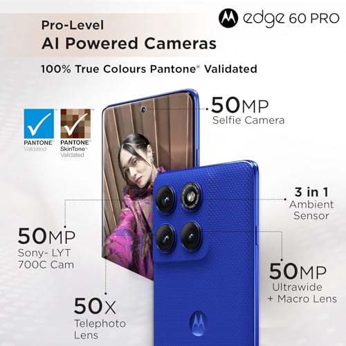 Image of Motorola Edge 60 Pro 5G (Pantone Dazzling Blue, 8GB RAM, 256GB Storage) | MediaTek Dimensity 8350 Processor | 50MP + 50MP + 10MP Triple Rear Camera |50MP Front Camera |6.7-inch 1.5K Super HD+ Display