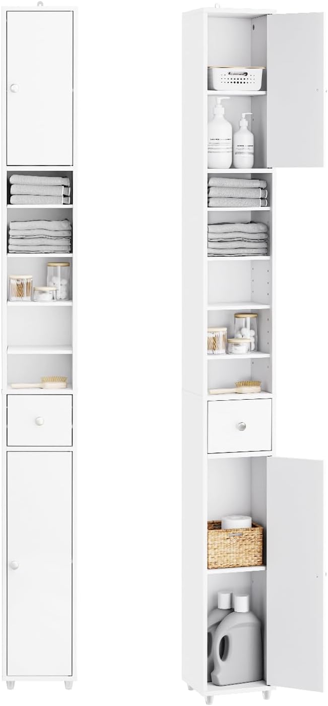 SoBuy Bathroom Narrow Storage Cabinet, Skinny Tall Unit with Adjustable Shelves Slender, Bathroom Organizers and Storage, Anti-Tipping Floor Standing Cupboard Laundry Room, White BZR34-W