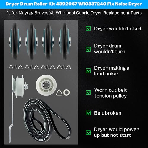 UPGRADED WPW10314173 4392067 MEDB835DW4 Dryer Repair Kit fit for Maytag Bravo Whirlpool Dryer Belt Drum Roller W10314171 MEDB835DW2 MEDB835DC4 MED3500FW1 80047 279640 W10837240 661570V LUXRILIX