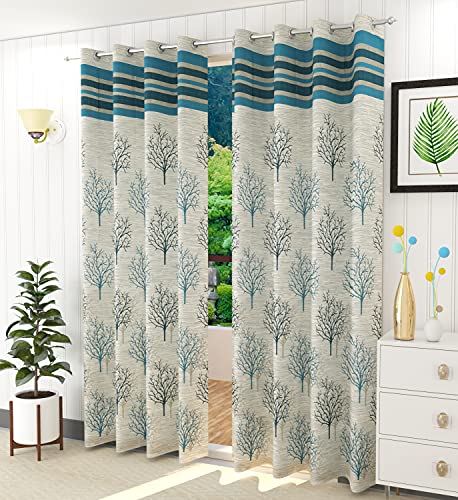 Image of HOME UTSAV 2 Piece Jute Floral Blackout Heavy Jacquard Tree Curtains for Door 7 Feet, Aqua, Opaque