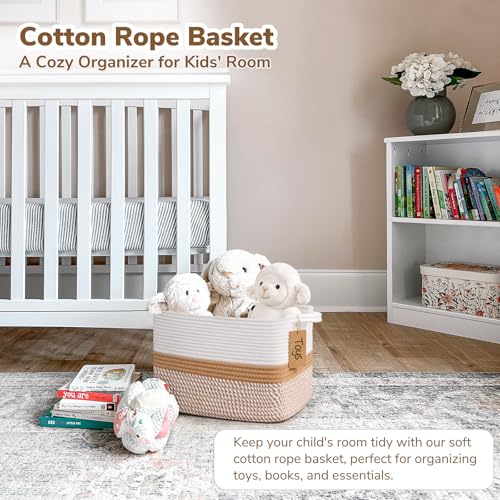 Image of Goodpick Woven Rope Storage Basket for Shelves, White & Camel Mix