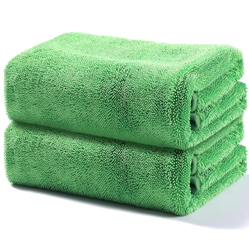 Image of JOYMOOP Microfiber Towels for Cars, 2 Pack 63 inch x 29.5 inch Car Drying Towel, Green Reusable Car Towel, Quick Drying Car Microfiber Cleaning Cloth for RVs, SUVs, Trucks