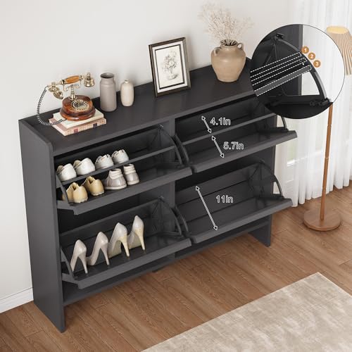GarveeHome Shoe Cabinet with 4 Flip Drawers, Wooden Shoe Organizer Cabinet with Adjustable Shelf, Shoe Storage for Entryway, Hidden Shoe Cabinet for Hallway, Living Room, Black