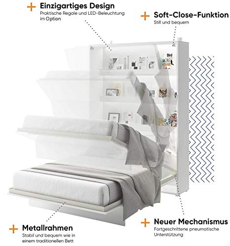 Schrankbett Bed Concept, Wandklappbett mit Lattenrost, V-Bett, Wandbett Bettschrank Schrank mit integriertem Klappbett Funktionsbett (BC-06, 90 x 200 cm, Weiß/Weiß Hochglanz, Horizontal) – Bild 5