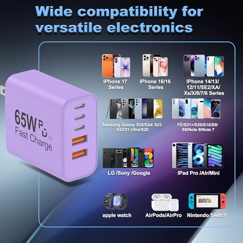 Image of USB C Charger Block, 2-Pack 65W 6-Port USB C Wall Charger iPhone Charger Fast Charging PD Power Adapter+QC Wall Plug Multiport Type C Brick Chargers for iPhone 17 16 15 14 13 12 11 Pro Max XS,Purple
