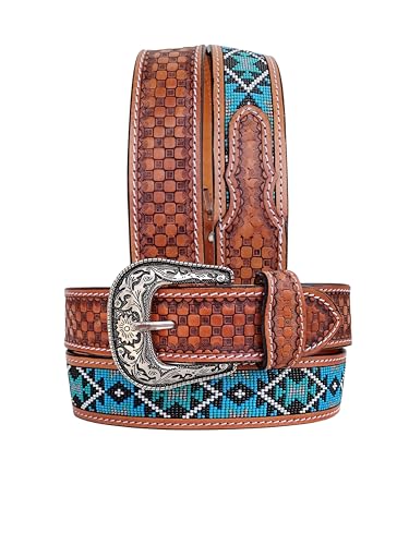 Western Tooled Leather Beaded Belt For Men and Women 30AB011