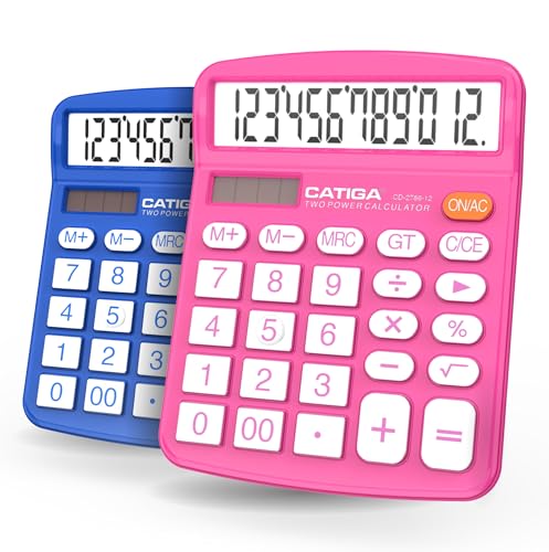 CATIGA Desktop Calculator (2 Pack) 12 Digit with Large LCD Display and Sensitive Button, Solar and Battery Dual Power, Standard Function for Office, Home, School, CD-2786 (Blue/Pink)