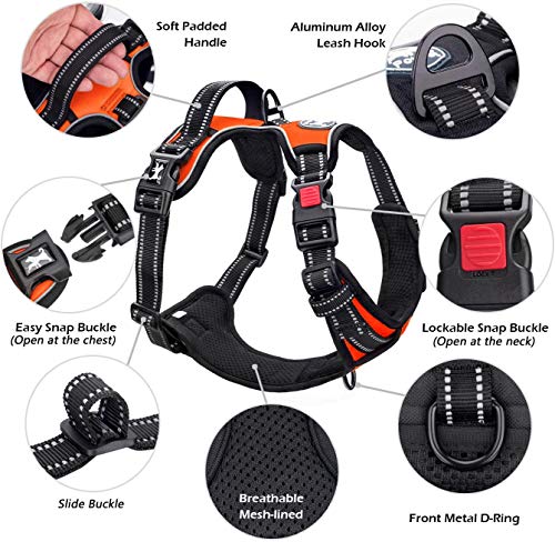 Image of PoyPet No Pull Dog Harness, No Choke Front Lead Dog Reflective Harness, Adjustable Soft Padded Pet Vest with Easy Control Handle for Small Medium Large Dogs(Orange,L)
