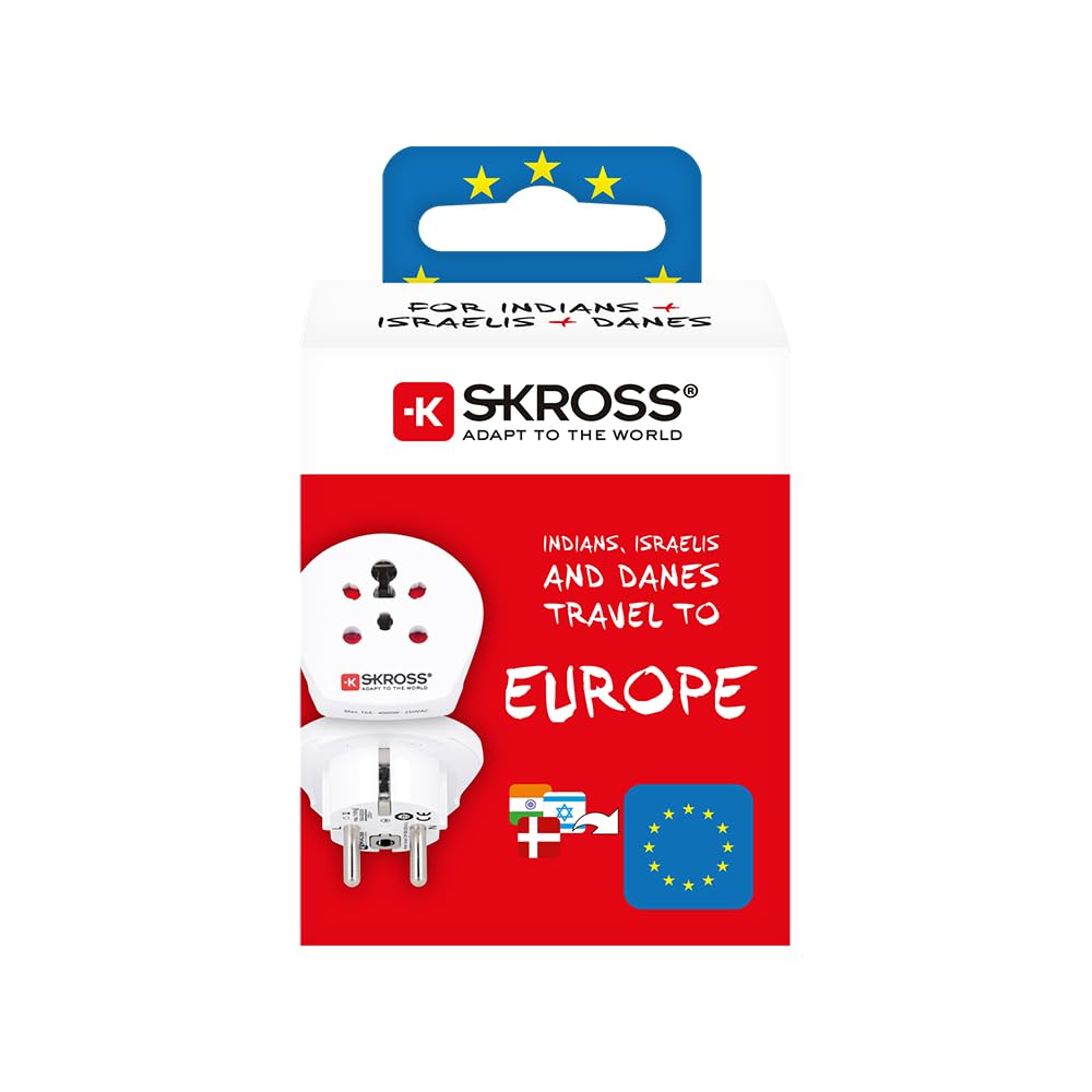 SKROSS | 1.500217-E | India Israel Denmark to Europe | adapter podróżny z Izraela, Indii, Danii do Europy - napięcie i moc: 100 V - 1600 W / 250 V - 4000 W - ochrona przed porażeniem prądem