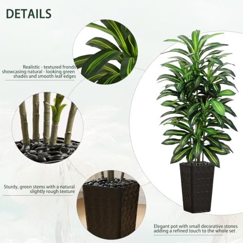 Image of Artificial Dracaena Tree Indoor, 6FT Tall Fake Floor Plants with Black Planter & Pebbles, Faux Silk Yucca Tree for Home Office Living Room Bedroom Farmhouse Modern Outdoor Topiary Tree