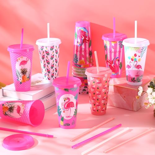 24 Reusable Flamingo Cups with Lids & Straws - Party Supplies - Image 5