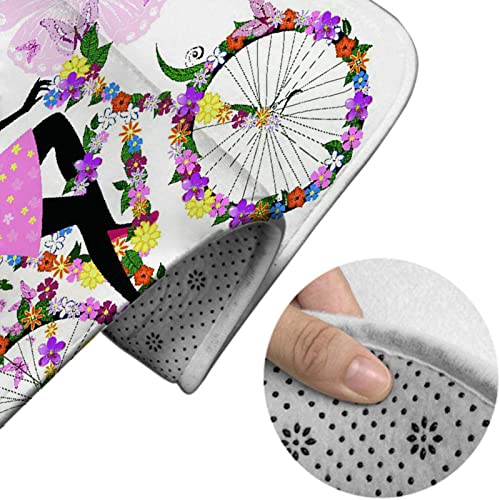 Badezimmerteppich-Set, 3-teilig, Mädchen auf einem Fahrrad mit romantischen Schmetterlingen, waschbare Badeteppiche, rutschfest, mit Rückenpolster, Konturteppich und Toilettendeckelbezug – Bild 5