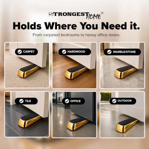 Image of STRONGEST HOME Gold Door Stoppers for Bottom of Door - Heavy Duty Metal Rubber Stopper, Non-Slip Door Stop for Heavy Doors, Works on Wood, Tile & Carpet, Wedge 2 PCs + 2 White Wall Protectors