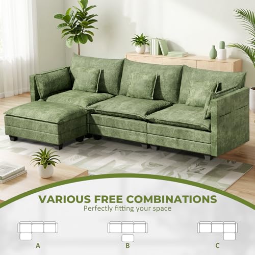 Image of LEVELEVE 112.5 inch L-Shape Modular Sofa with 1 Ottomans, Deep Seat Cloud Convertible Sleeper, 3 Throw 2 Arm Pillows, Comfortable Upholstered Furniture for Living Room Apartment, Green