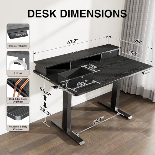 Image of Veken 47x28 in Electric Standing Desk with Drawers, Adjustable Table, Black | Stand up Computer Desk for Home Office, Work & Study, with Storage, 3 Memory Presets, Cable Organizer, Hook, and Quiet Lift.