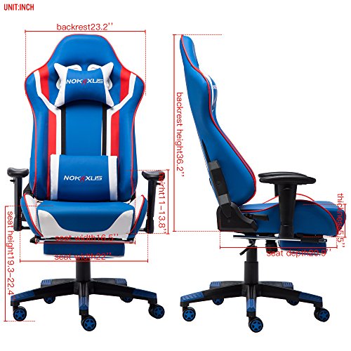 Nokaxus Gaming Chair Large Size High-Back Ergonomic Racing Seat with Massager Lumbar Support and Retractible Footrest PU Leather 90-180 Degree Adjustment of backrest Thickening sponges (YK-6007-BLUE) - Thumbnail 4