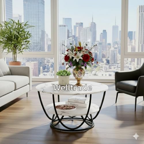 Image of Shoppee Coffee Table - Modern 2-Tier with Faux Marble Top and Gold Metal Frame - Stylish Center Table for Living Room, Sofa Table, Elegant Cocktail Table for Home, Office, Black & White
