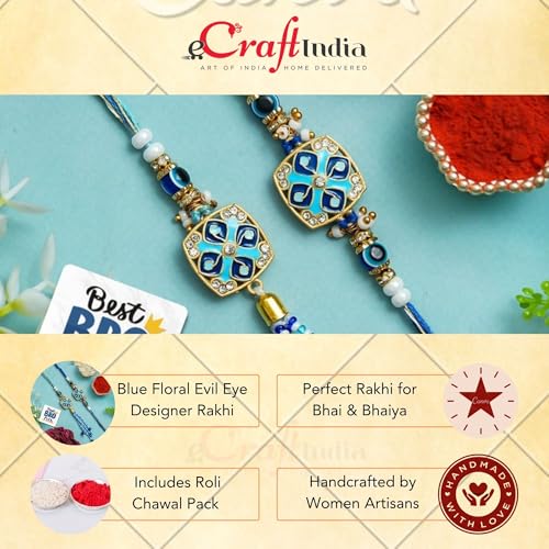 Image of eCraftIndia Blue Beautiful Floral Evil Eye Designer Bhaiya Bhabhi Rakhis with Best Bro Ever Fridge Magnet | Set of 2 Rakhi for Brother and Bhabhi | Lumba Rakhi | Roli Chawal Pack