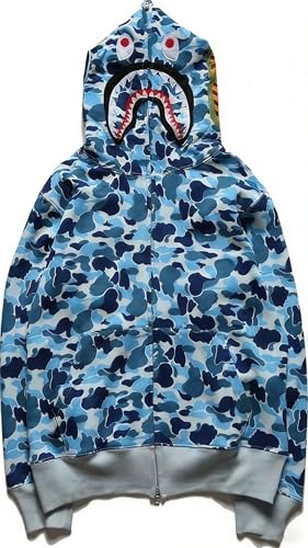 RICK TOP ONE Womens Shark Zipper Hoodies Camo Shark Full Zipper Jackets for Men Couple Hooded for Teen Grey Blue L