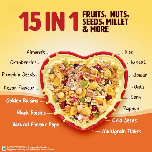 Image of Saffola Muesli Kesar Crunch with Flavour Pops, 450 gm | 15 in 1 Fruit and Nuts, Seeds, Millet & more | Cereals for breakfast with wholegrain, protein, fibre