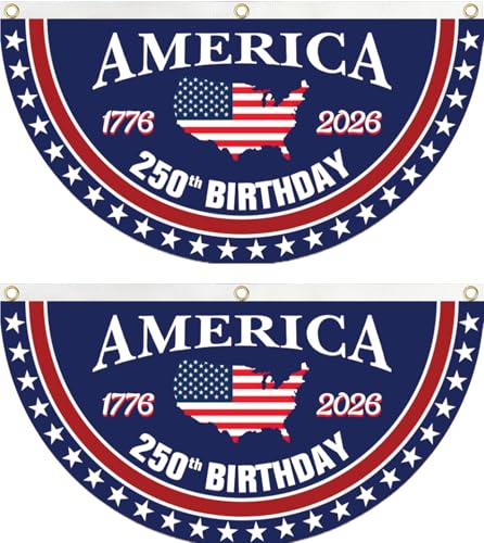 WENWELL 250 year anniversary Birthday Bunting Flag 1776-2026 Commemorative Patriotic Fan Banner 1.5x3 FT with Brass Grommets 2 Pack