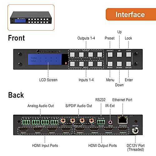 Matriz HDMI 4K 4x4 J-Tech Digital con audio y control web JTECH-4KM44A 3