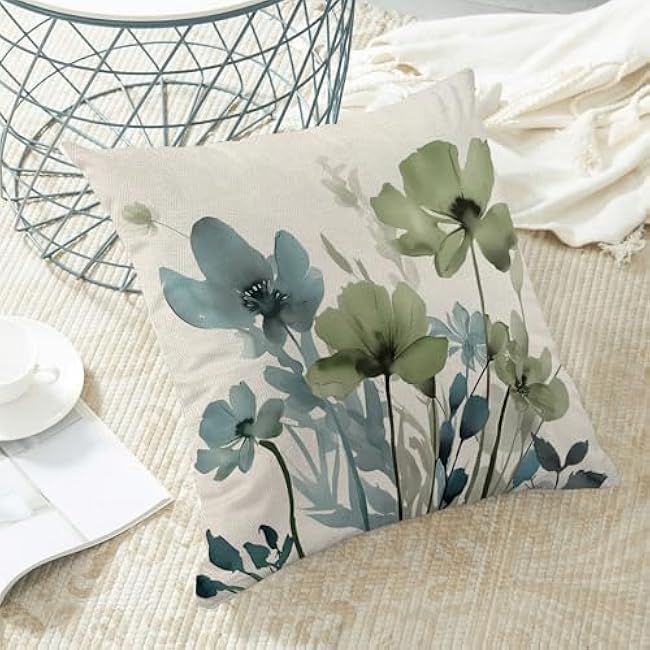 Floral Pillow Covers 16x16 Inches Set of 2 Sage Green Blue Floral Throw Pillow Covers Outdoor Rustic Spring Summer Flower Decoration Pillowcase Farmhouse Decorative Cushion Cover For Sofa Couch