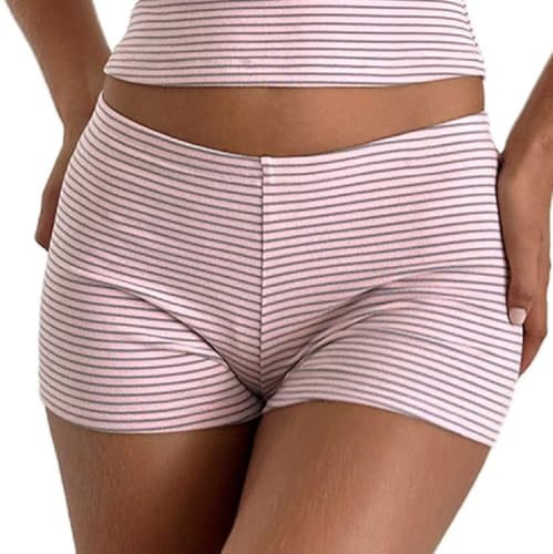 Image of NUFIWI Y2k Striped Shorts for Women High Waist Stretch Micro Boy Shorts Slim Fit Pajamas Bottoms Lounge Shorts Sleepwear
