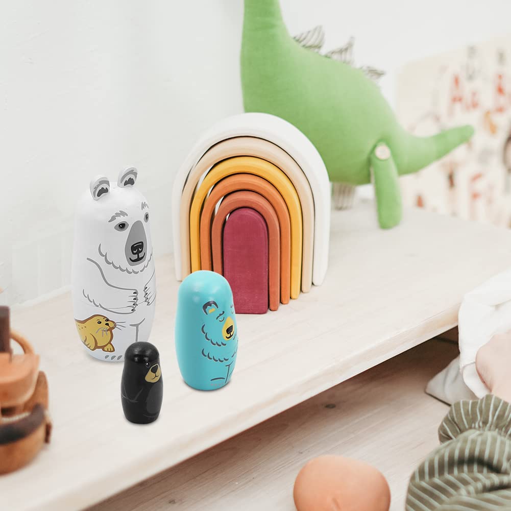 Boerni Ensemble de 5 Animaux en Bois Ours poupées de Nidification, Ours Polaire belette Lion de mer matriochka Russe poupées empilables Jouets pour Enfants Anniversaire fête de Noël Cadeau Home Decor