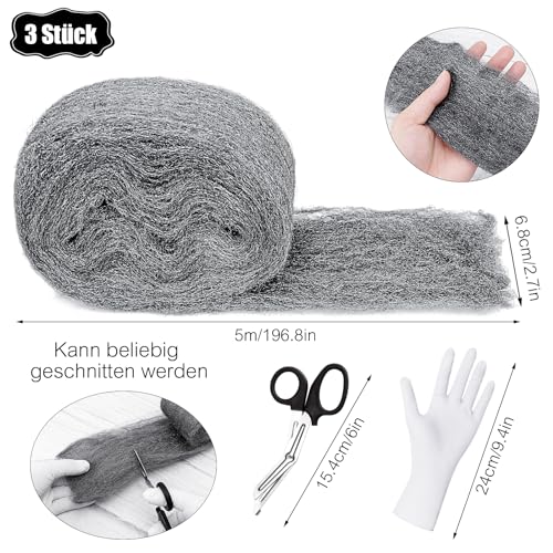 SelfTek 3 Stück Stahlwolle Gegen Mäuse 15m mit Arbeitshandschuhen, Schere Fein Gegen Nagetiere Steel Wool Stahlwolle für Löcher und Wand Risse von Haus, Garten und für Reinigen und Polieren (00)
