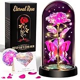 HAOCEE Geschenke für Mama, Ewige Rose im Glas mit LED＆Schmetterlingen, Glaskuppel Rosa Warme Rosen,Geburtstag Muttertag, Mama, Frau,Freundin,Oma,Sie, Nachttischdekorationen（Pastell-Gold Schmetterling）