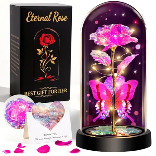 HAOCEE Rose Cadeau Femme,Rose Éternelle avec Papillons＆LED(Rose)