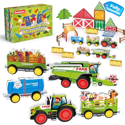 Solalalam 3D Magnet Farm Tractor Toy for Magnetic Tiles & Blocks 5pcs STEM Educational Learning Toys Inc Combine Harvester Tractors Farm Animal Trailer Farming magnet tiles toys for kids 3+ year old