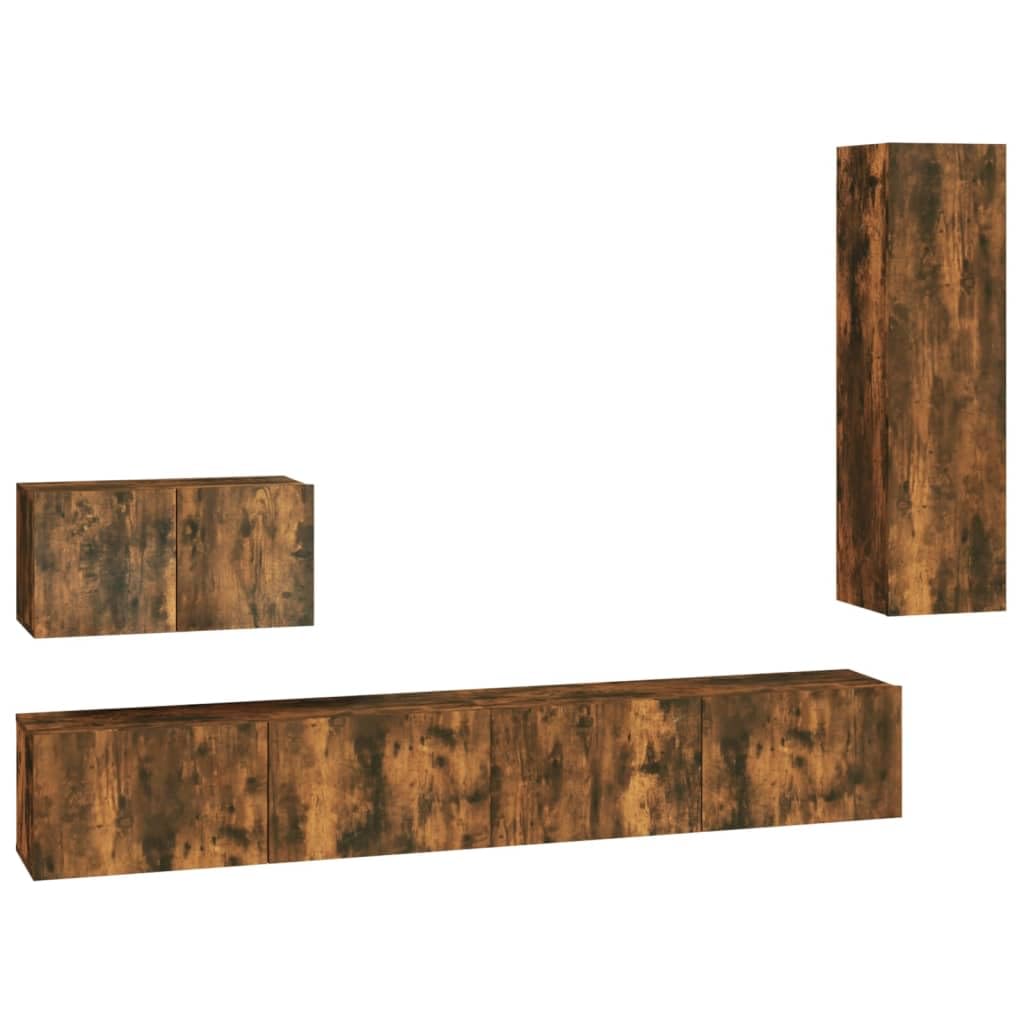 4-TLG. TV-Schrank-Set Räuchereiche Holzwerkstoff, Modernes Media-Center für Wohnzimmer und Schlafzimmer, Wandmontage, Vielseitiger Stauraum