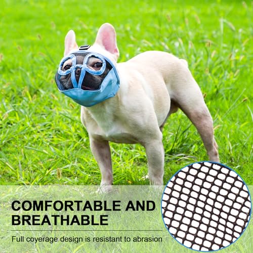 Image of Short Snout Dog Muzzles- Adjustable Breathable Mesh Bulldog Muzzle for Biting Chewing Training Grooming Dog Mask,Blue M