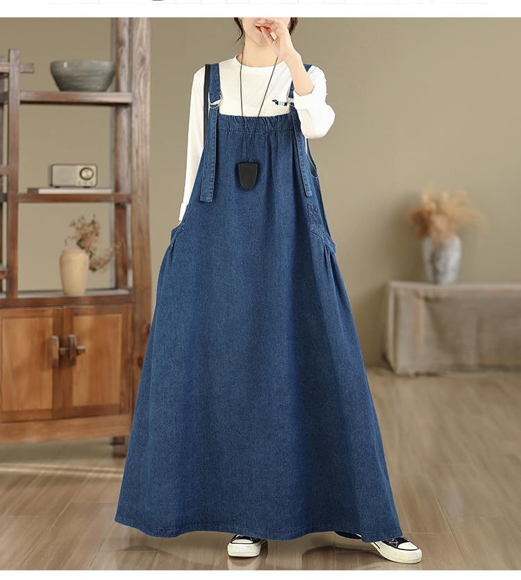 Image of Boho Jumper Dress for Women Loose Overall Pinafore Dresses Adjustable Straps Wide Hemline with Pockets Baggy Style