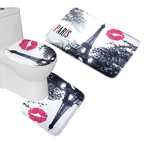 Amagical Thickened 4Pcs Chic Grey Paris Eiffel Tower Fabric Shower Curtain Set With Bath Mat Set Contour Mat Toilet Cover(1.5Cm Thick), Peach Kiss Lips Printed Shower Curtain With 12 Hooks #TOP5