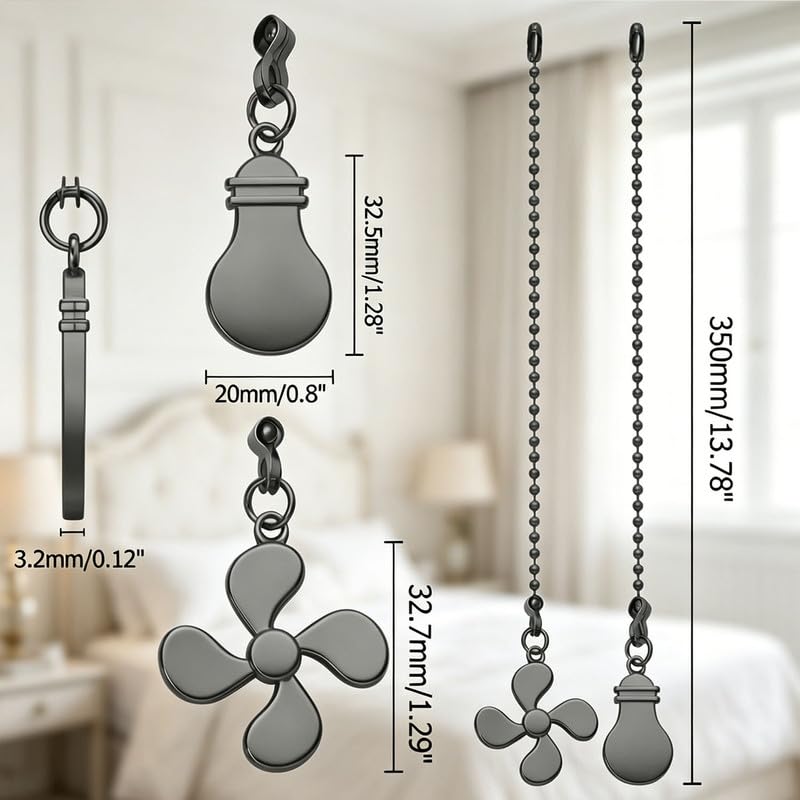 Image of 4pcs Ceiling Fan Chain Extender Light Pull Chain Set, 12 Inch Ornaments Extension Chains with Decorative Light Bulb and Fan Cord for Ceiling Light Lamp Fan Chain,Gray and Gold