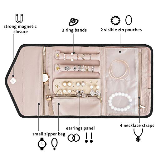 Image of bagsmart Travel Jewelry Organizer Roll Foldable Jewelry Case for Journey-Rings, Necklaces, Bracelets, Earrings, Black
