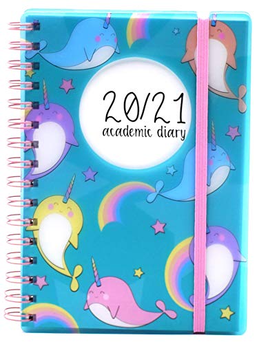 Agenda escolar A5 2020-2021 con tapa flexible para estudiantes de mediados de año, color Ballena Unicornio A5