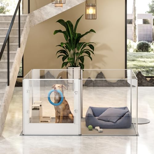 BingoPaw Acryl Wurfkiste Hunde Laufstall: Transparent Hundezaun Wohnung Welpenzaun 80cm hoch, XXL Welpenauslauf mit wasserdichter Bodenmatte und Tür, 163x102x80 cm