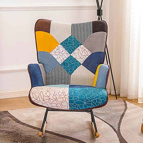 Upholstered Accent Rocking Chair With High Backrest,Mid Century Fabric Rocker Chair With Wood Legs And Patchwork Linen For Livingroom Bedroom (Antique Blue) #TOP27