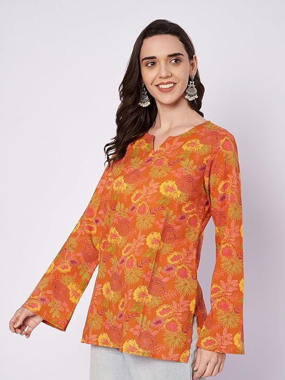 Short Cotton Kurti for Women, Short Tunic Tops on Jeans, V-Neck, Long Bell Sleeves, Floral Design - Image 4