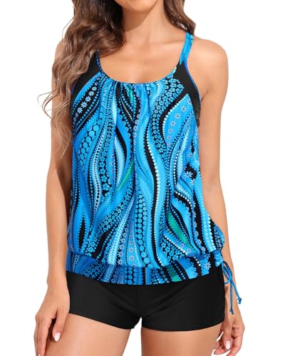 Image of Holipick Blouson Tankini Swimsuits for Women - Two Piece Tummy Control Bathing Suit with Shorts Modest Swimwear