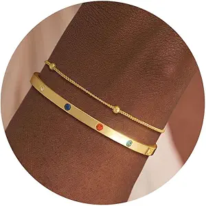 Bracelet for Women - Dainty Stack Bracelets Trendy Adjustable 14K Gold Plated Thin Paperclip Bead Box Satellite Figaro Cuban Link Chain Bracelet Set for Women Waterproof Jewelry Gift
