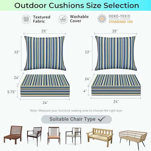 Image of IPYNBAP Outdoor Cushions for Patio Furniture,Outdoor Seat Cushion Set 24 x 24 x 4 Inch,Waterproof & Fade Resistant Outdoor Chair Cushions,Deep Patio Chair Cushion with Removable Cover,Blue Stripe