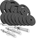 Hantelset 57 kg mit SZ Stange und Kurzhanteln: 1x SZ - Curlstange 120 cm/30 mm, 2x Kurzhantelstange 40cm/30mm, 4x Sternverschlüsse, Guss Hantelscheiben: 2x10 kg, 2x 5 kg, 4x 2,5 kg, 4x 1,25 kg
