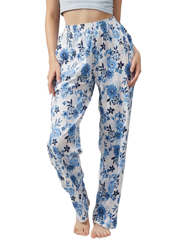 clovia Women's Cotton Floral Printed Lounge Pant Pyjama With Pocket In White-picture-37