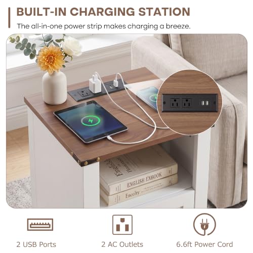 Image of VECELO Set of 2 Farmhouse Nightstands with Charging Station, Rustic Wooden Bedside Tables,End Tables with Open Shelf & Hidden Storage Cabinet for Bedroom, Living Room, White
