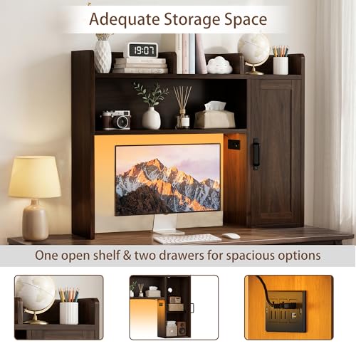 Image of Desktop Bookshelf, Desk Hutch with RGB LED Lights & Power Outlets 37 inch Desk Hutch Organizer with Storage Cabinet Desktop Storage Shelf for 27 inch Monitor, Tabletop Bookcase for Dorm Office Home